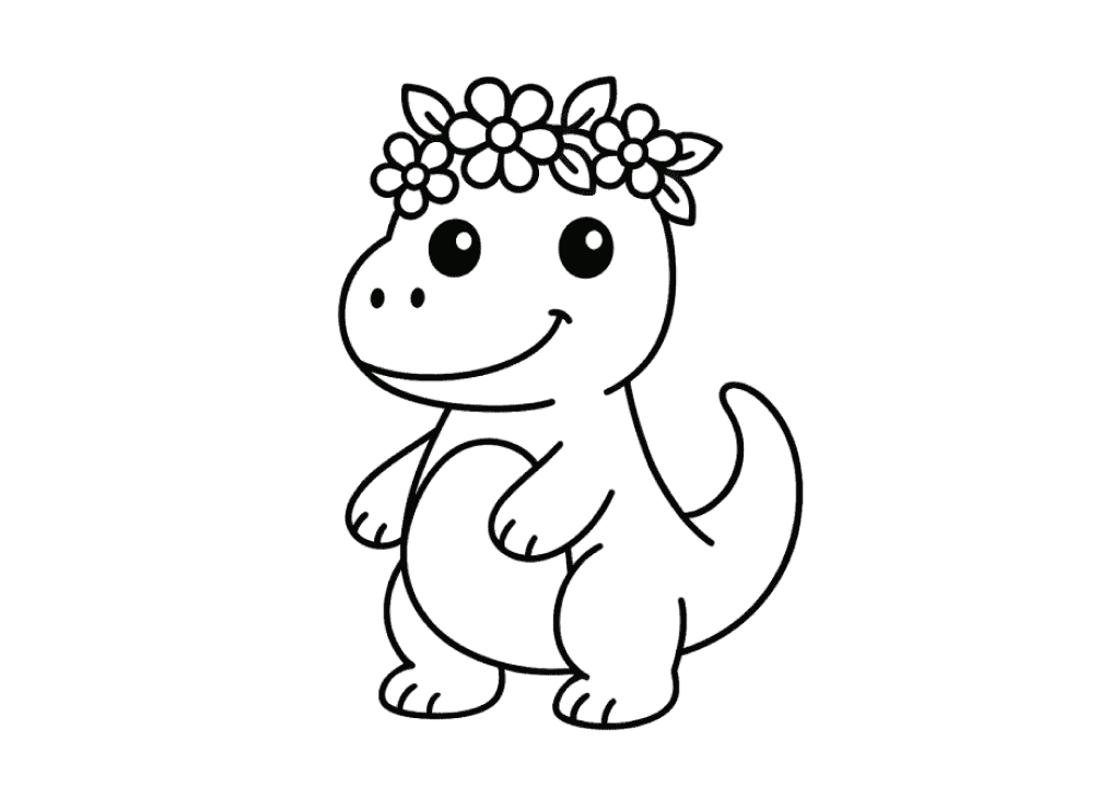 꽃 화환을 쓴 공룡 색칠 페이지
