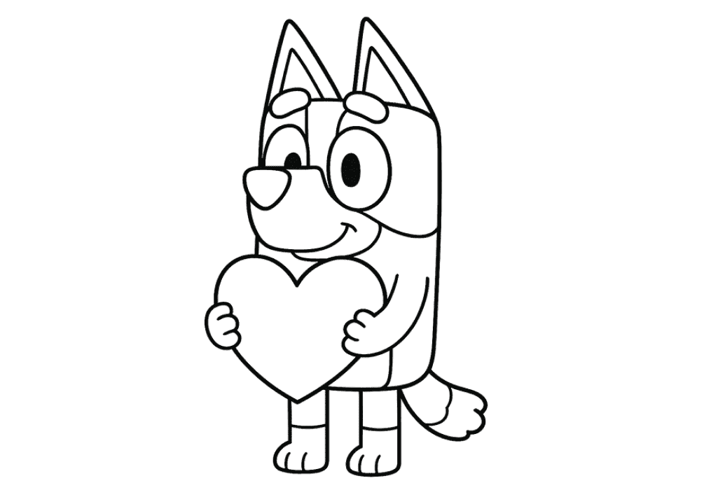 블루이가 발렌타인 하트를 들고 있는 색칠 페이지