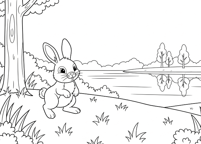 うさぎの赤ちゃんは黄色に、風景は自然な色で着色