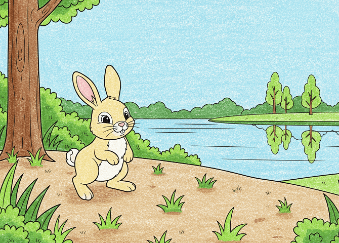 うさぎの赤ちゃんは黄色に、風景は自然な色で着色