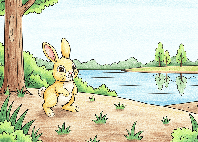 うさぎの赤ちゃんは黄色に、風景は自然な色で着色